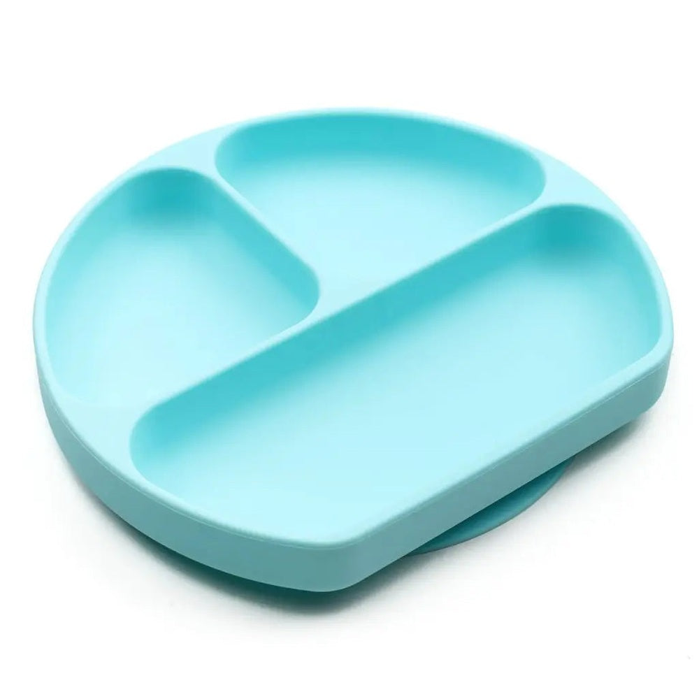 BUMKINS Silicone Grip Dish turquoise with three compartments, resting steadily on a table showing its non-slip base.