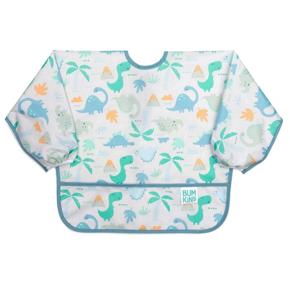 BUMKINS Sleeved Bib in teal dinosaur print with long sleeves and teal trim, keeps clothes clean during meals.