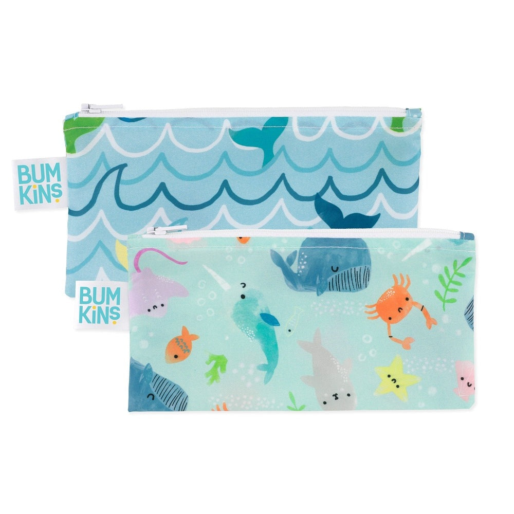 BUMKINS snack bags, small 2-pack with ocean life prints in aqua and teal