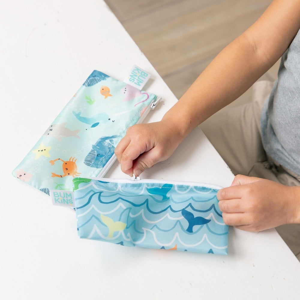 Bumkins small snack bags, ocean life print, set of 2 reusable zip-top pouches