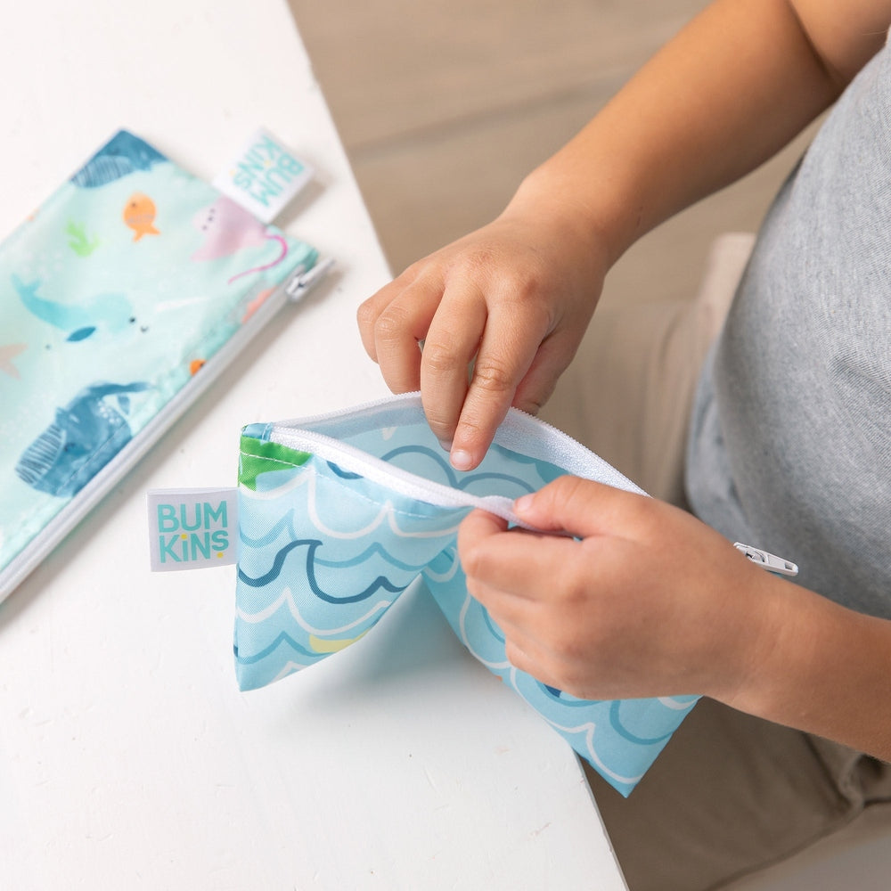 Bumkins small snack bag 2pk Ocean Life with blue wave pattern and zip closure