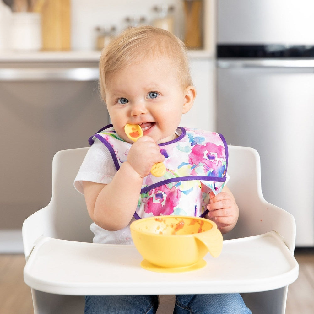 Bumkins Starter Bib Watercolour Flower 2pk; floral patterned baby bibs with purple trim for mealtime