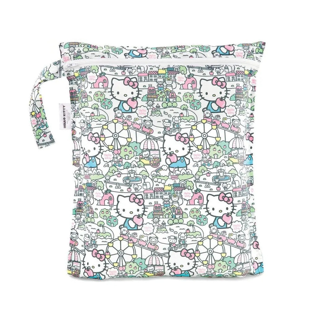 BUMKINS Wet Bag in Hello Kitty cityscape print with top zipper, reusable waterproof diaper bag for baby