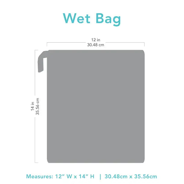 BUMKINS Wet Bag in gray with zipper closure; 12"W x 14"H, zipper at top-left sealing contents.