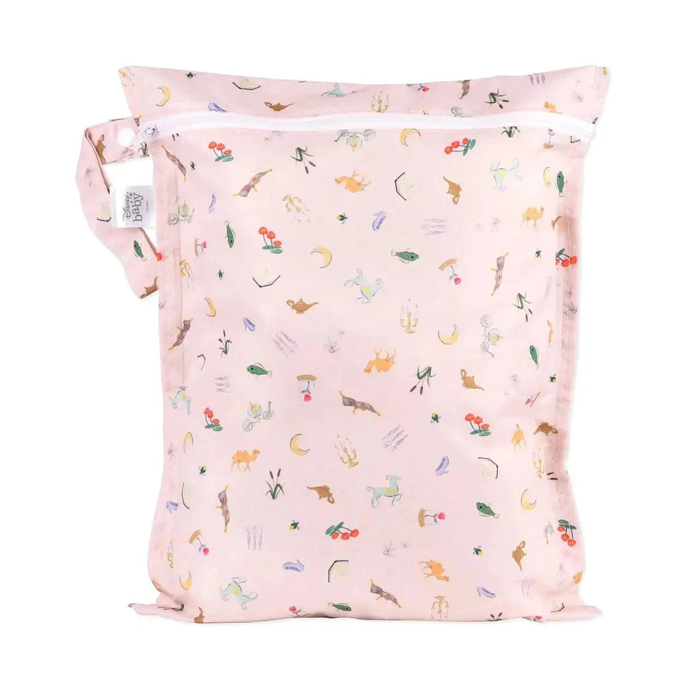 BUMKINS Wet Bag pale pink with whimsical print, zipper top for on-the-go diapering.