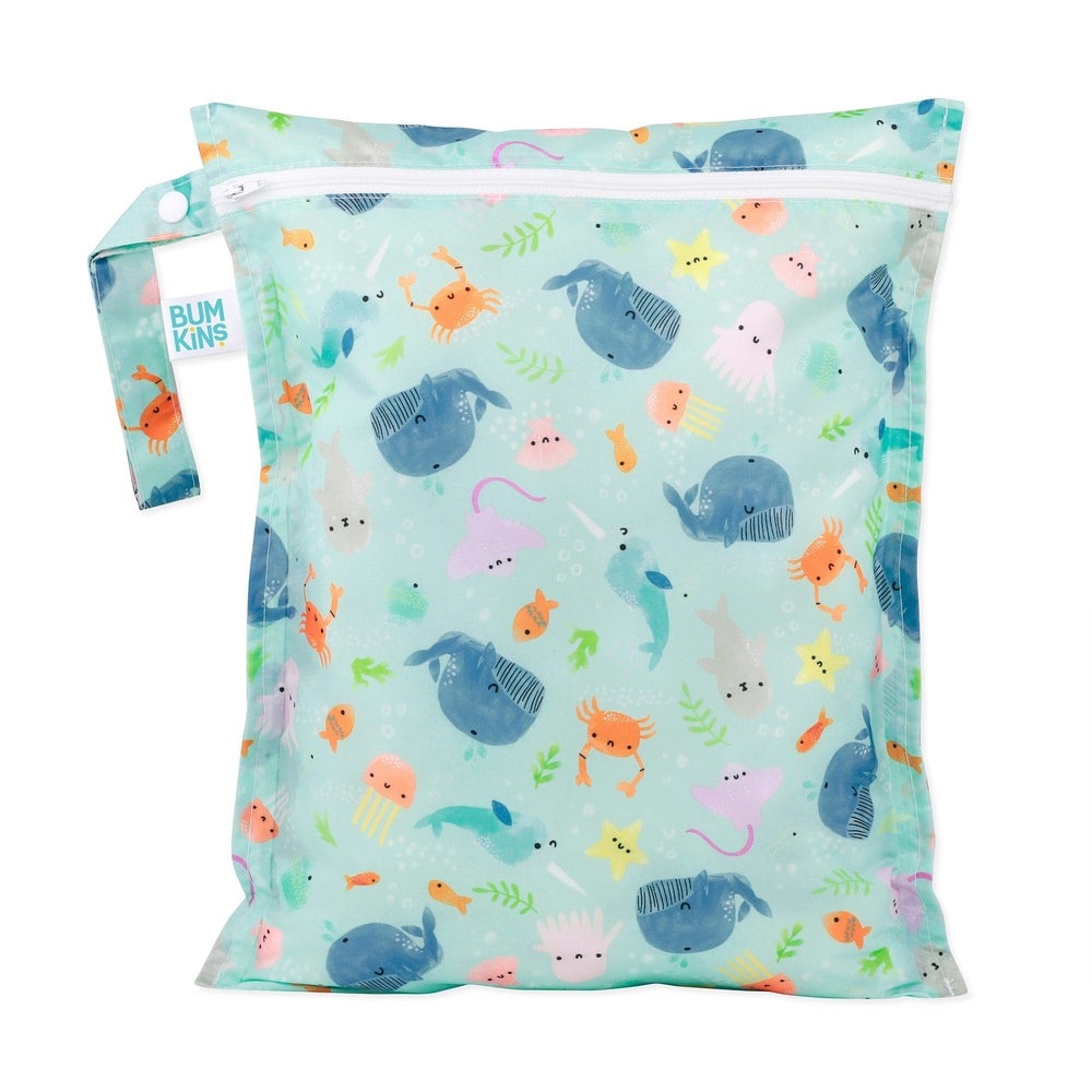 Bumkins Wet Bag Ocean Life; mint background with colorful sea creatures and zip closure