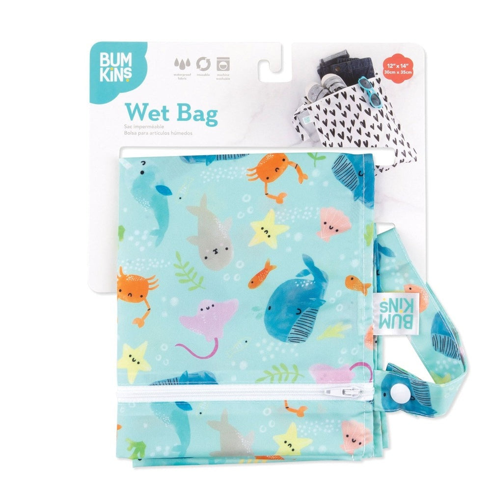 Bumkins Wet Bag Ocean Life; turquoise reusable diaper wet bag with sea creatures print and white zipper