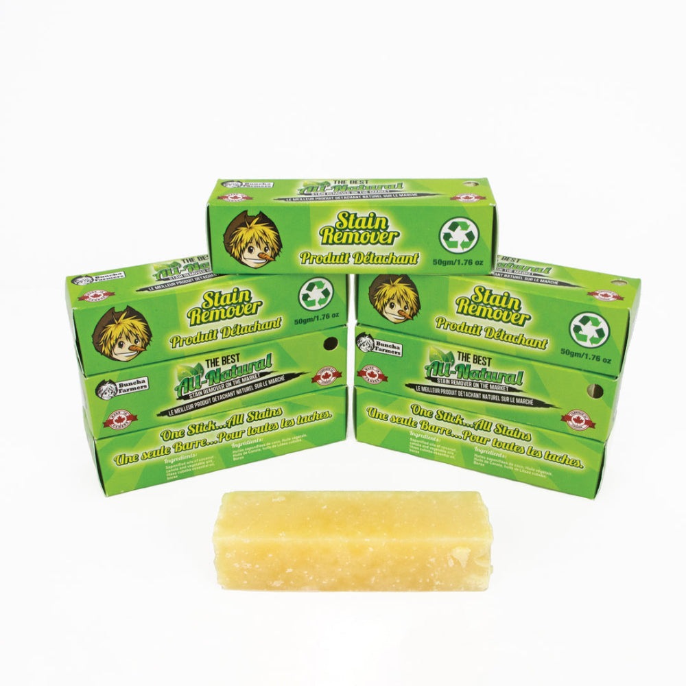 Buncha Farmers Stain Remover; all-natural stain remover packaging with four green boxes and a beige bar.