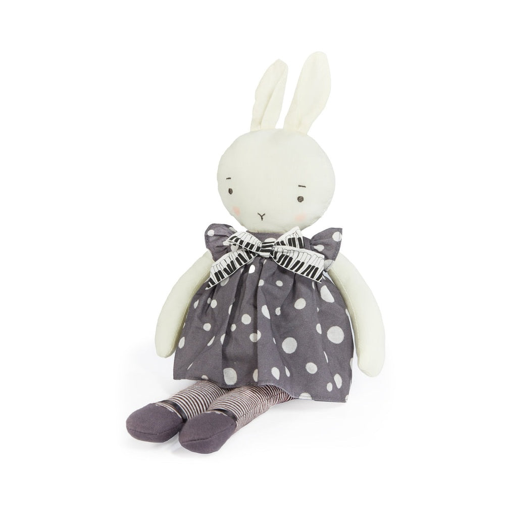 Bunnies By The Bay 14in FAO Schwarz piano bunny doll in grey polka-dot dress with striped bow