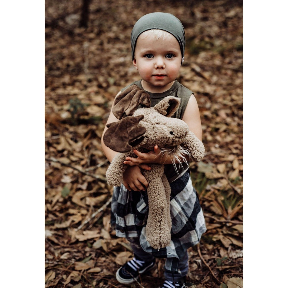 Bruce the Moose plush by Bunnies By The Bay, 16-inch brown stuffed animal held by child