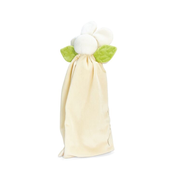 Bunnies By The Bay 16-inch Daisy Buddy Blanket stuffed bunny with cream blanket body and green leaf accents