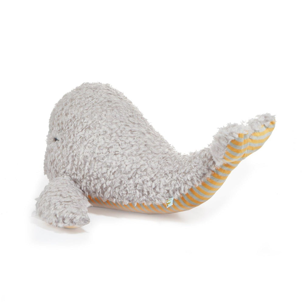 Bartholomew Beluga whale plush by Bunnies By The Bay; gray fluffy fur with yellow striped underside