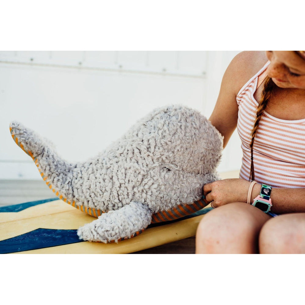 Bartholomew Beluga Whale plush, soft gray fleece with orange-striped underside, by Bunnies By The Bay