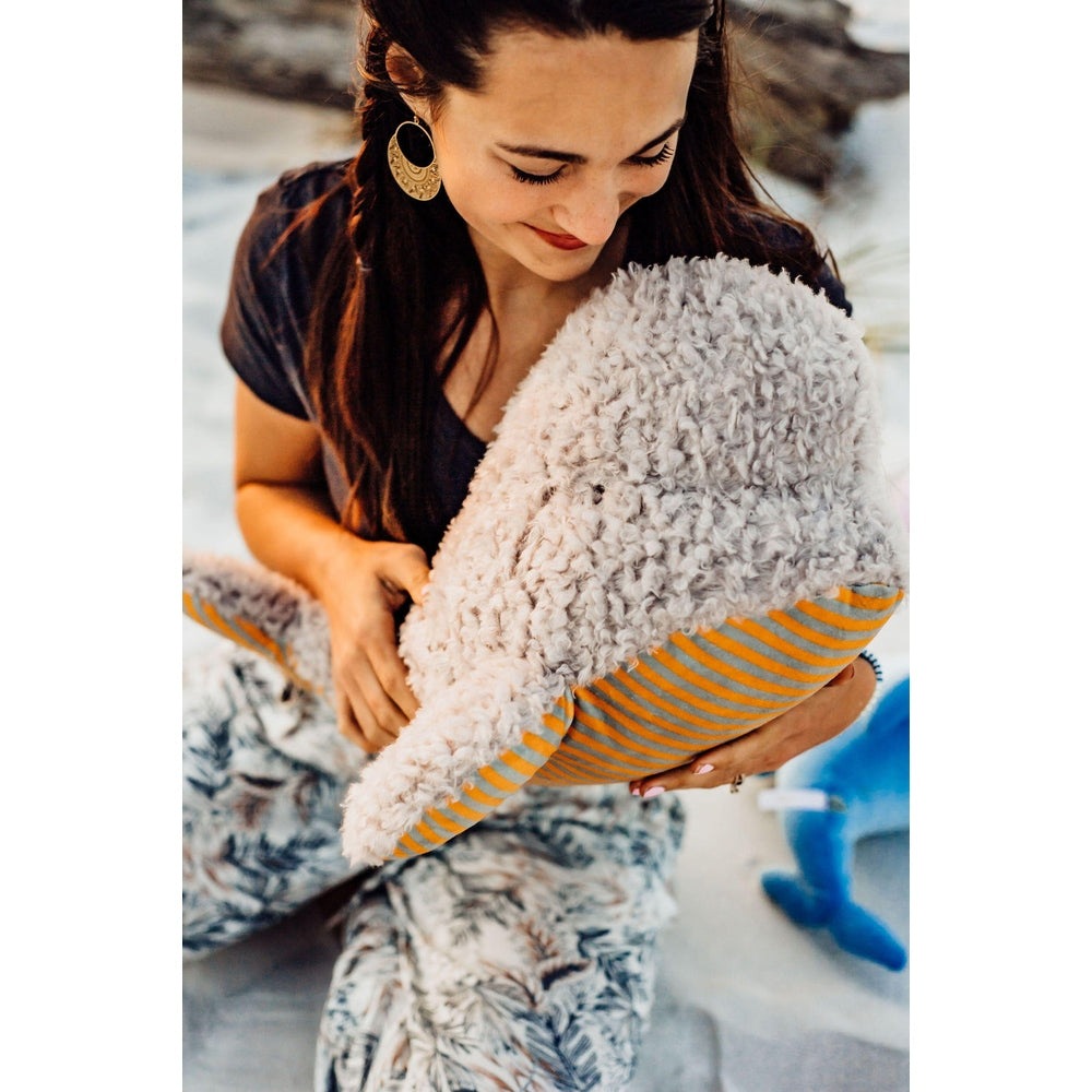 Bartholomew Beluga Whale plush by Bunnies By The Bay, gray fur with orange-striped underside