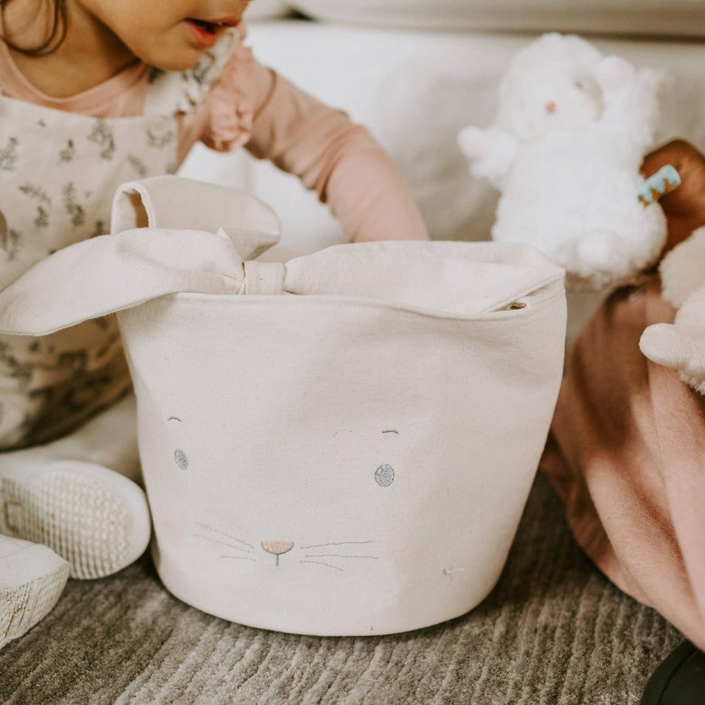 Bun Bun Bunny Basket by Bunnies By The Bay, cream plush storage basket with bunny face embroidery