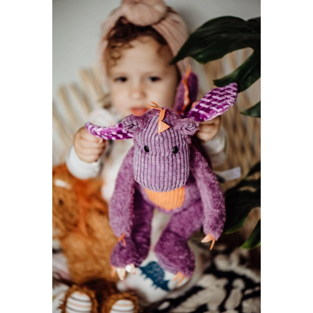 Dunkin the Dragon stuffed toy by Bunnies By The Bay; purple plush with orange accents.