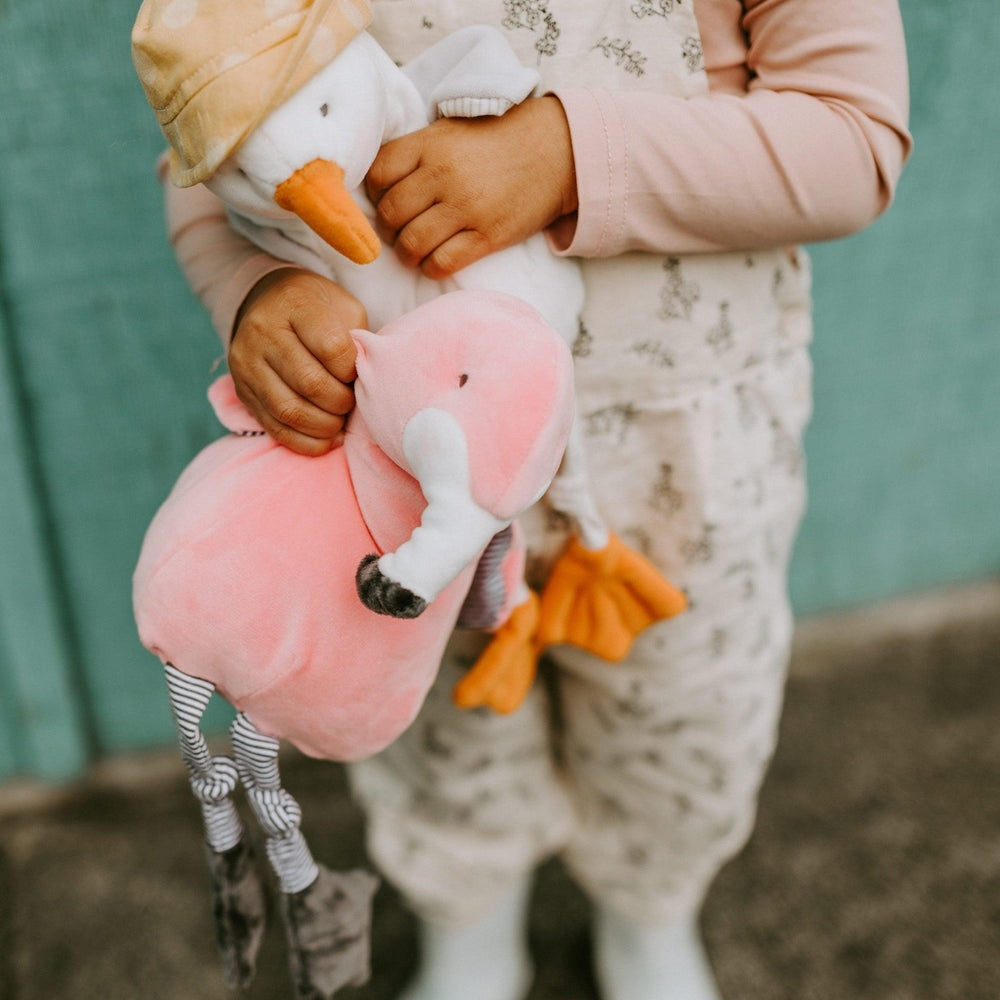 Bunnies By the Bay Fandango Flamingo plush toy, pink fabric with orange beak and feet
