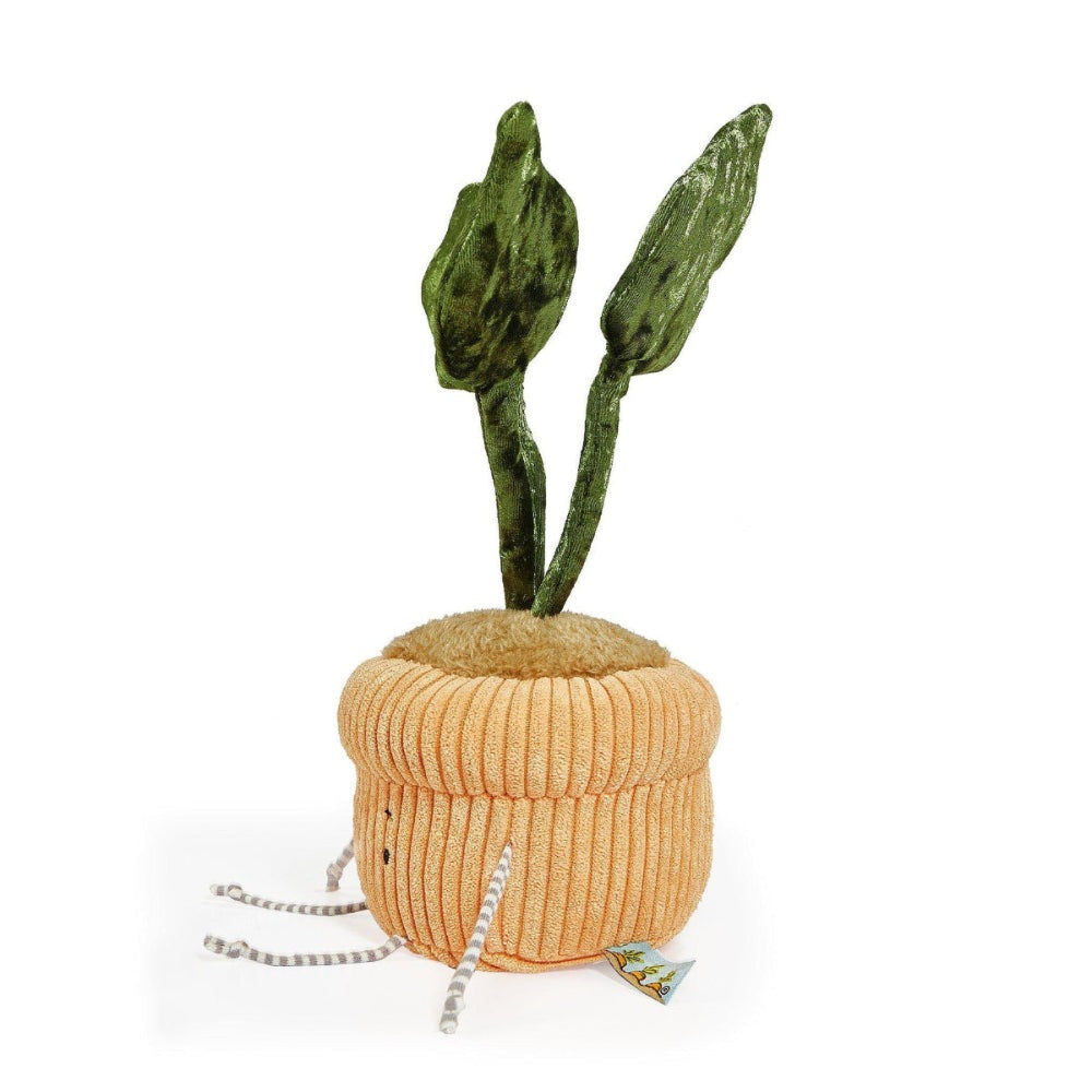 Bunnies By The Bay Windowsill Monstera Plant plush in orange ribbed pot with two green leaves