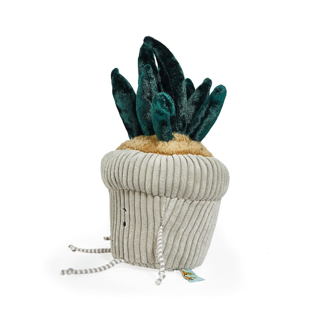 Bunnies By The Bay Windowsill Snake Plant plush in a ribbed beige pot with teal velvet leaves