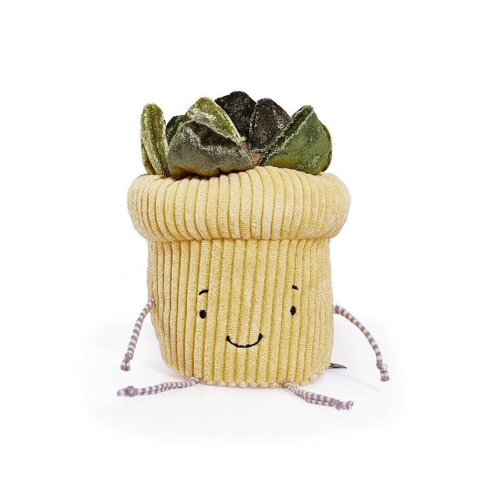 Bunnies By The Bay Windowsill Succulent Plant plush toy in a ribbed yellow pot with green leaves and a smile.