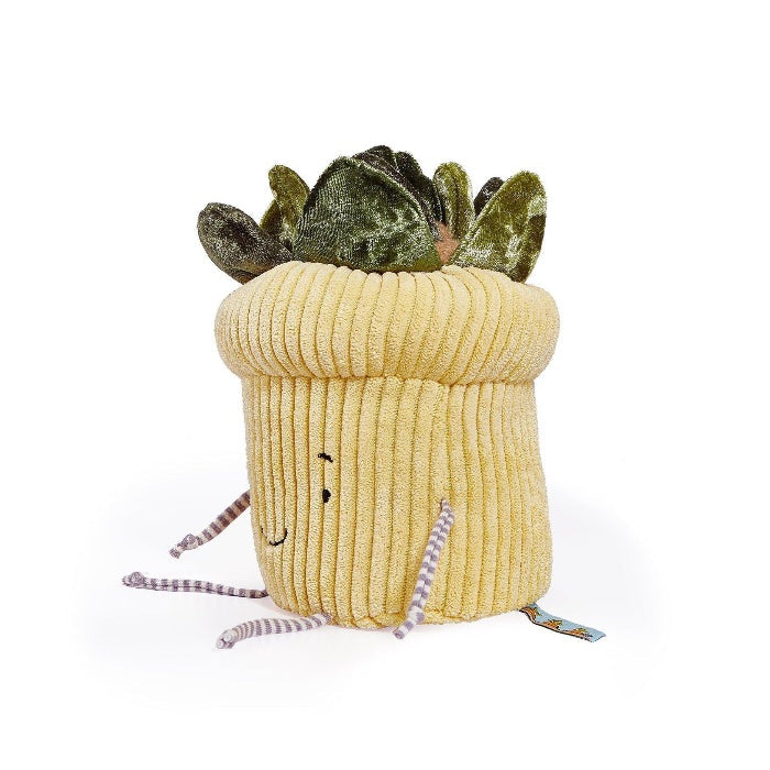 Bunnies By The Bay Windowsill Succulent Plant plush in a yellow ribbed pot with green leaves
