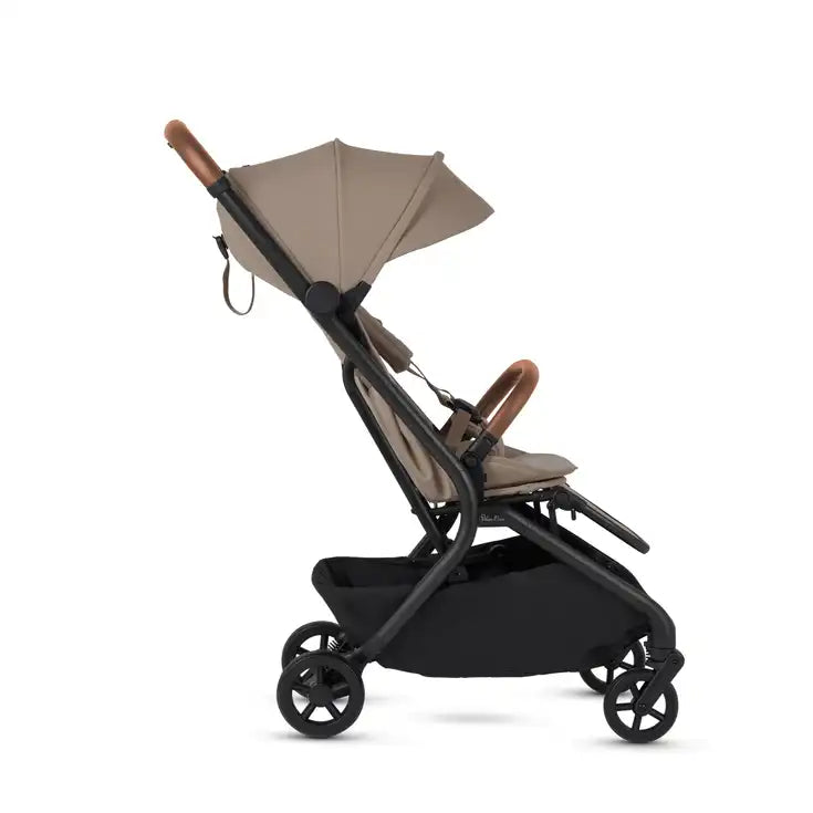 Silver Cross Nia stroller in Champagne upright side profile with extended hood