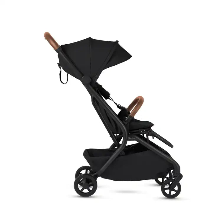 Silver Cross Nia stroller in Black upright side profile with extended hood