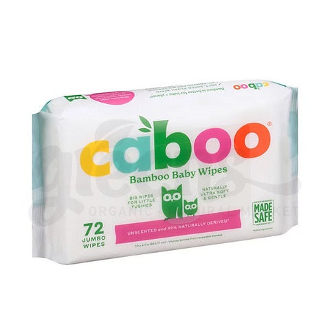 CABOO Bamboo Baby Wipes package, 72 jumbo unscented wipes, with Made Safe logo visible.
