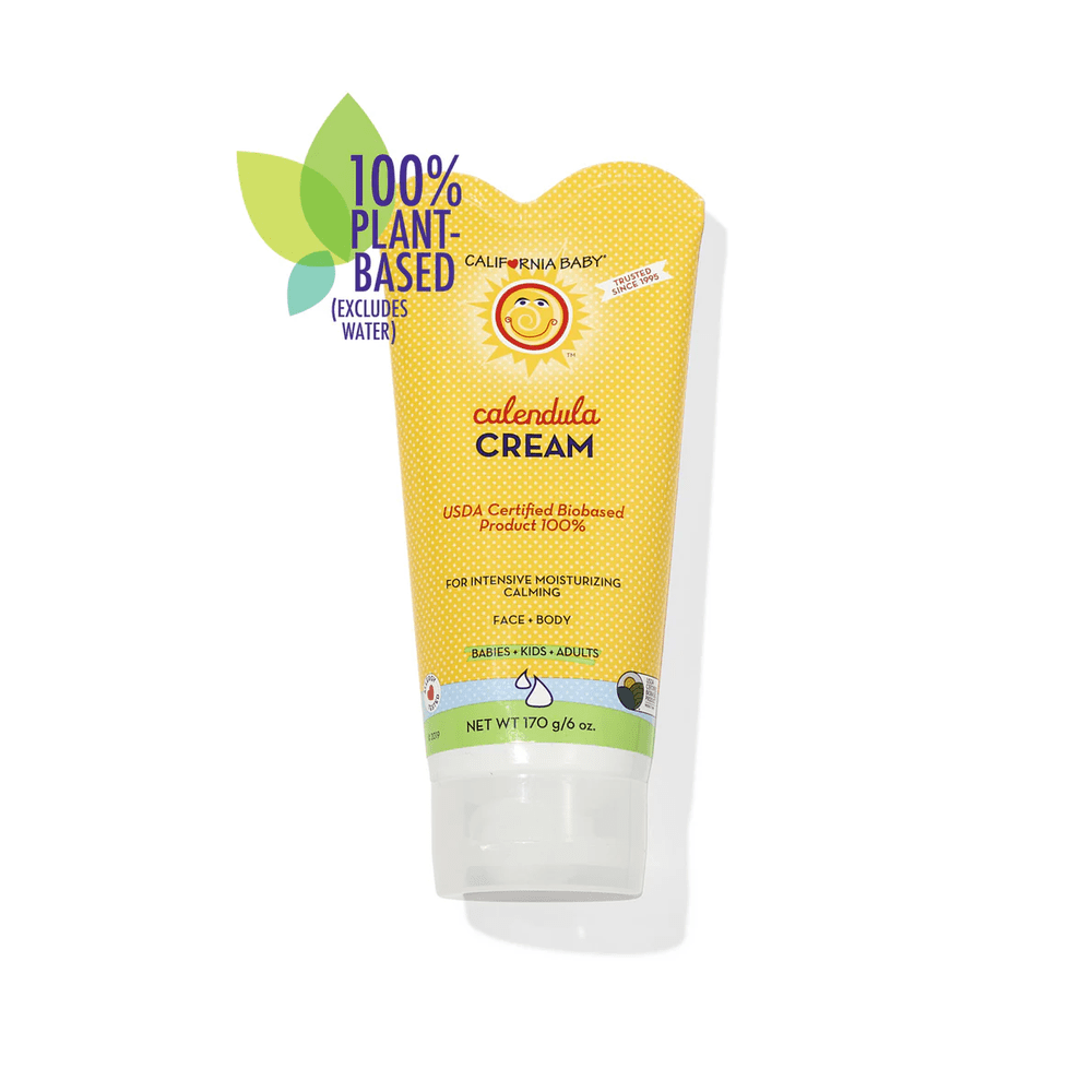 California Baby Calendula Cream tube, yellow packaging with plant-based formula for face and body, standing upright.