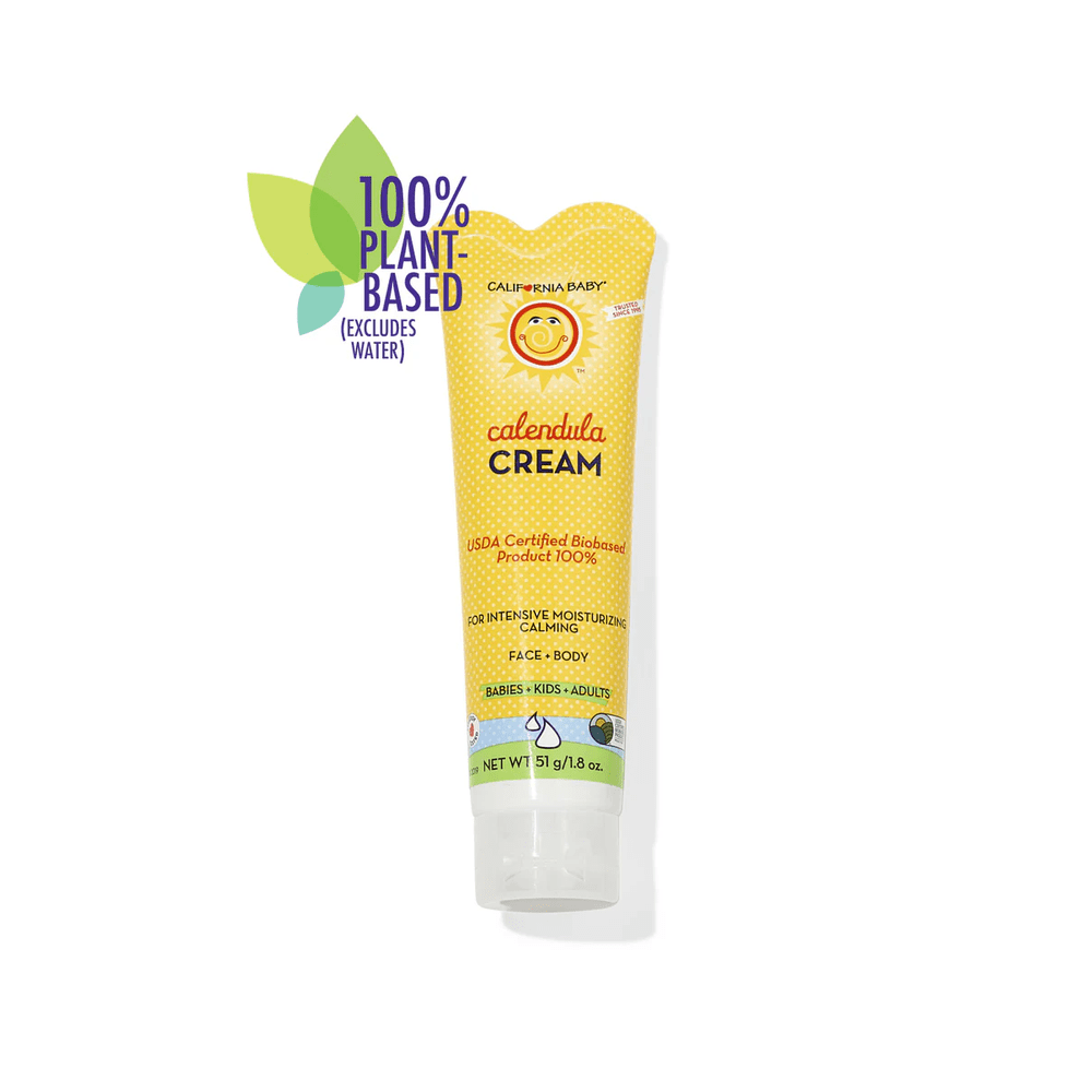 California Baby Calendula Cream tube in bright yellow packaging stands upright, 1.8 oz, plant-based skincare.