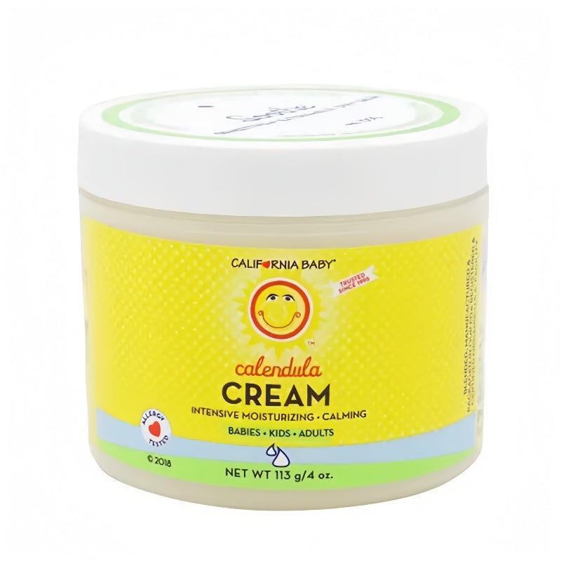 California Baby Calendula Cream jar on white background, yellow label highlights intensive moisturizing for babies, kids, adults.