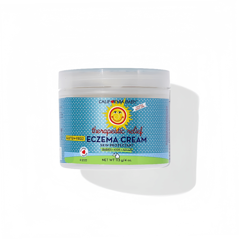 California Baby Eczema Cream jar on white, blue dotted label proves gluten-free skin protectant for babies and adults.