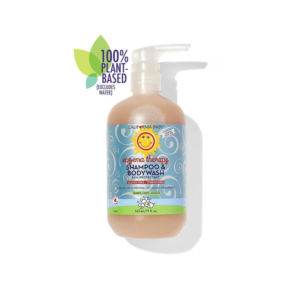 California Baby Eczema Shampoo & Bodywash bottle with pump, peach liquid, 100% plant-based.
