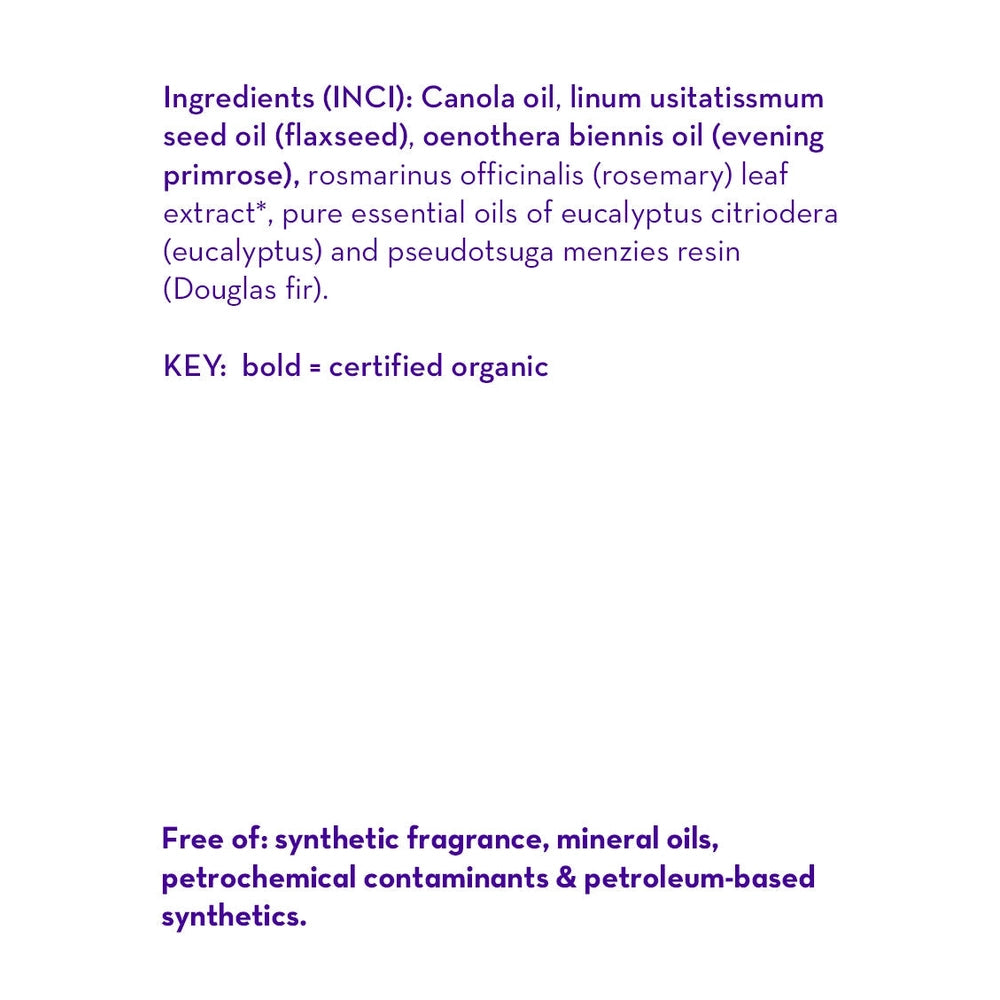 California Baby Eucalyptus Ease Body Oil 4.5 oz label lists ingredients and notes it’s free of synthetic fragrance.