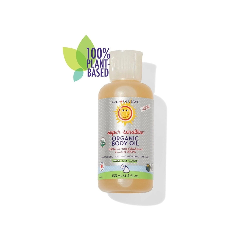 California Baby Super Sensitive Certified Organic Baby Oil 4.5 oz bottle, 100% plant-based, shown upright on white background