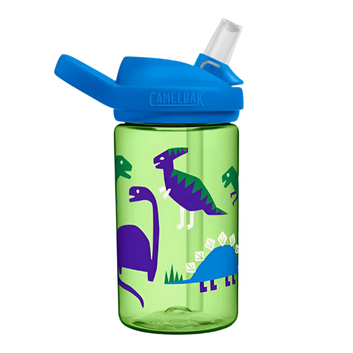 CamelBak Eddy Kids Bottle 400 ml blue cap featuring a bright green dinosaur print