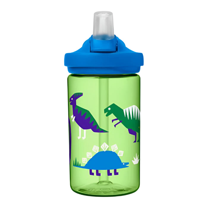 CamelBak Eddy Kids bottle 400 ml green with blue lid featuring dinosaur graphics