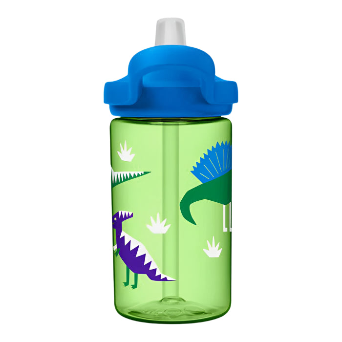 CamelBak Eddy Kids Bottle 400 ml green with blue lid featuring hip dinosaur graphics.