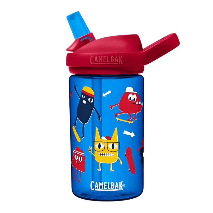 CamelBak Eddy Kids Bottle 400 ml with skate-monster artwork on a blue body and red lid