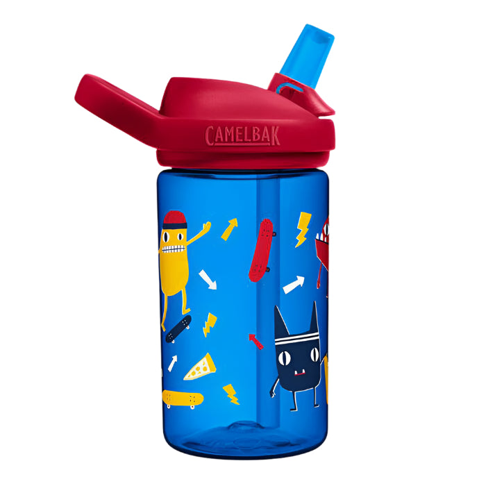 CamelBak Eddy Kids Bottle 400 ml blue with red cap and skate-monster graphics