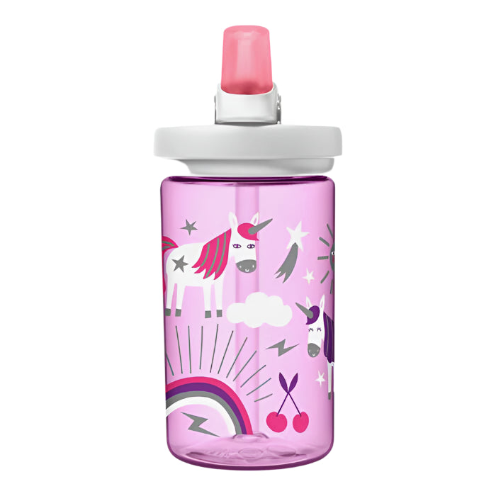 CamelBak Eddy Kids Bottle 400 ml Unicorn Party; pink bottle with unicorns, rainbow, cherries