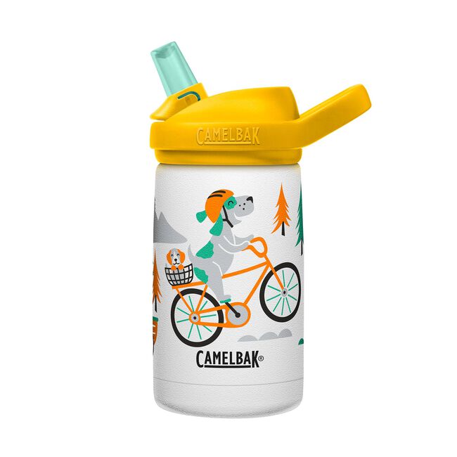 CamelBak Eddy Kids Water Bottle 350 ml, vacuum-insulated stainless steel, yellow lid with bike and dogs illustration