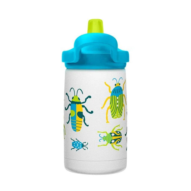 CamelBak Eddy kids water bottle, 350 ml, stainless steel with blue cap and bug print