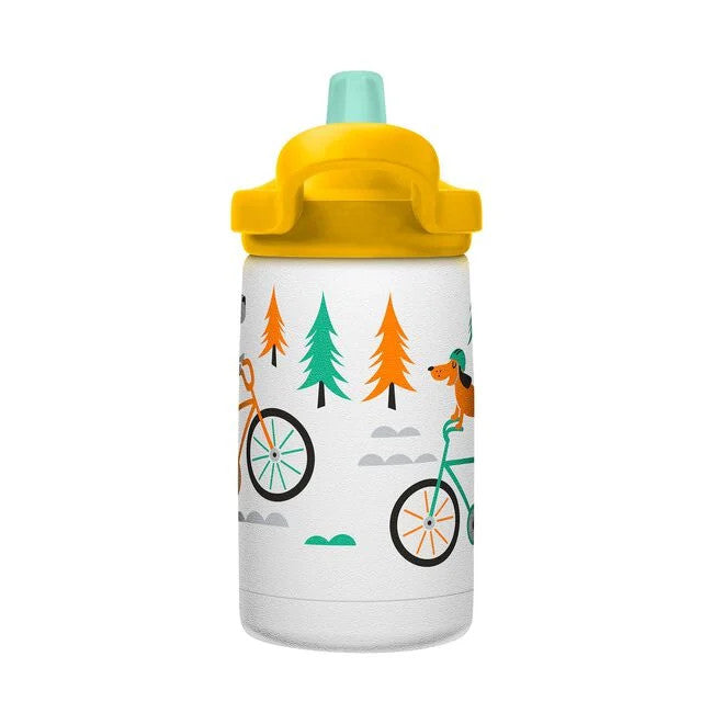 CamelBak Eddy kids bottle, 350 ml, stainless steel with yellow cap and bike/dog forest print.