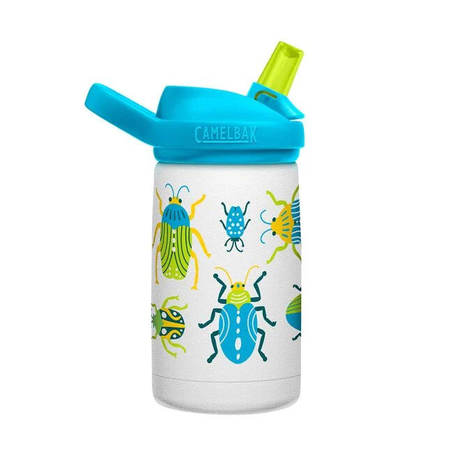 CamelBak Eddy kid's vacuum-insulated water bottle, 350 ml, white with blue lid and colorful bug print