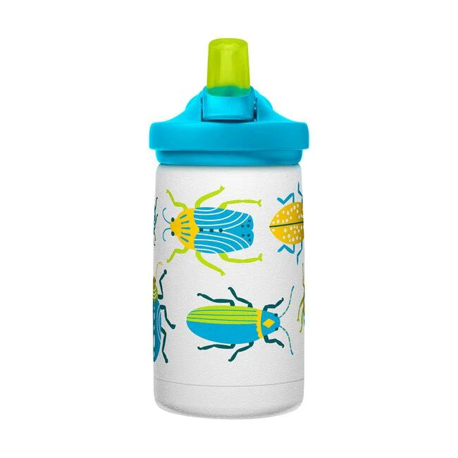 CamelBak Eddy Kids water bottle, 350 ml, vacuum-insulated stainless steel with blue cap and bright bug pattern