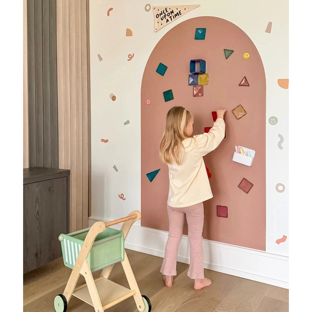 Cherrypick Jumbo Magic Playwall Arch Magnetic Wall Decal For Kids in dusty rose arch with colorful magnetic tiles