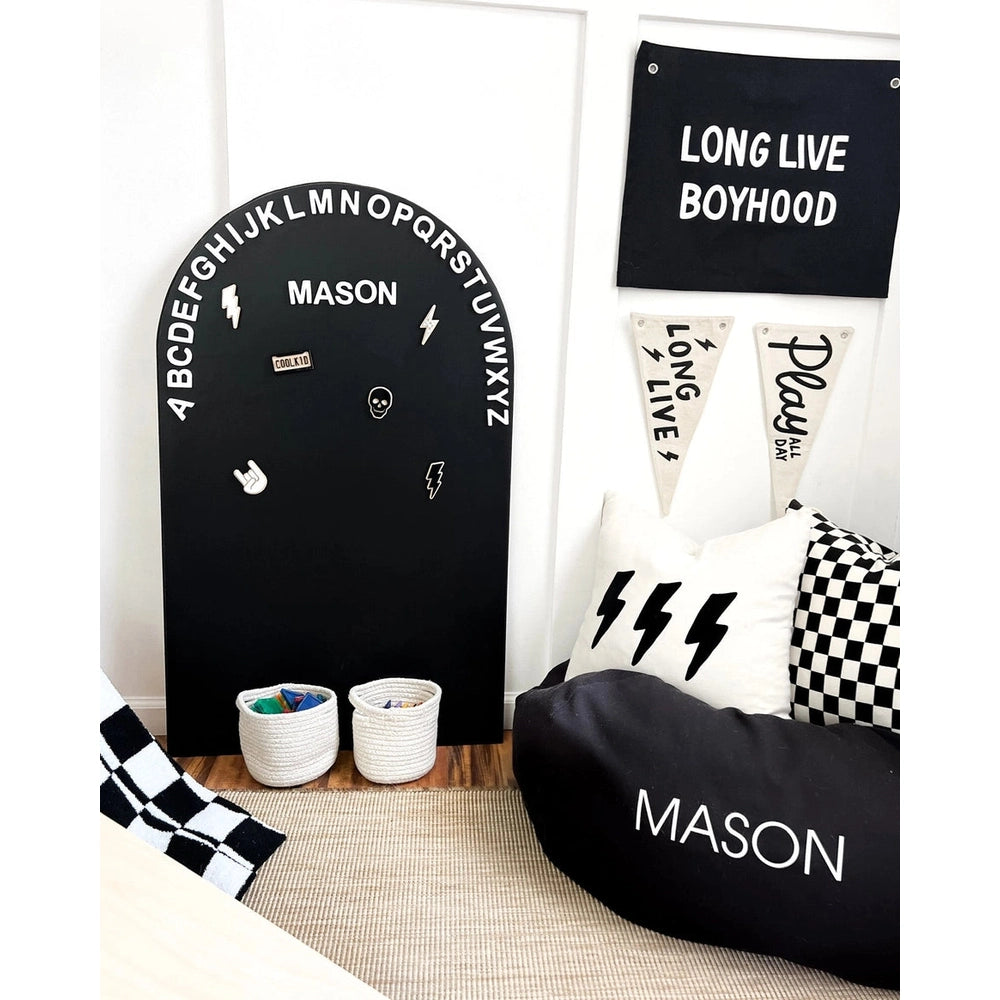 Cherrypick Magic Playwall Arch Magnetic Wall Decal in Black with Alphabet Border and MASON lettering