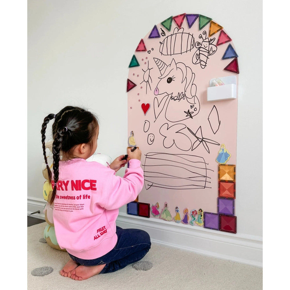 Cherrypick Magic Playwall Arch Magnetic Wall Decal in Pink with triangular accents and magnets, child drawing on wall