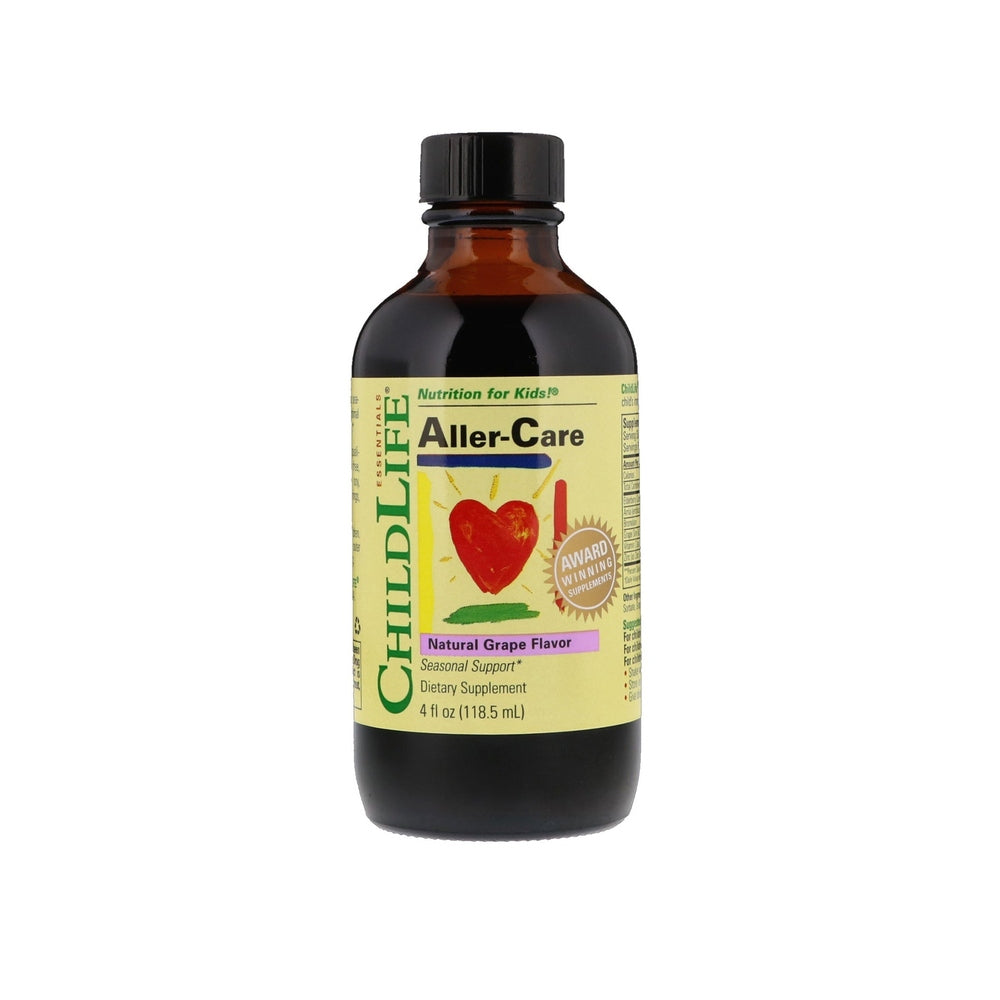 CHILDLIFE Aller-Care Natural Grape Flavor dietary supplement bottle in amber glass with black cap, standing upright.